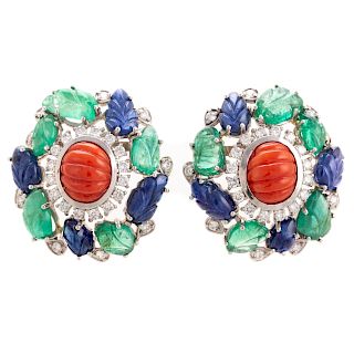 A Pair of Carved Gemstone & Diamond Earrings