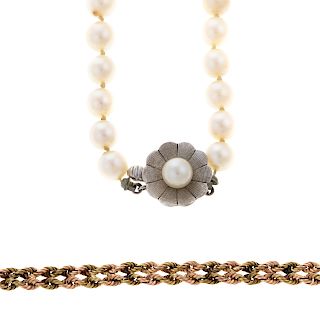 A Strand of Pearls & 14K Rope Bracelet