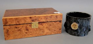 Dunhill burl wood humidor cigar box along with stoneware glaze log form stump pot. humidor ht. 5 3/4 in., top: 8" x 14 1/4", pot ht. 5 in.