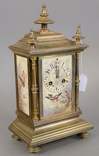 Japy Freres French brass mounted clock having porcelain front and sides painted with birds and trees, works maked Japy Freres. ht. 13 1/4 in.