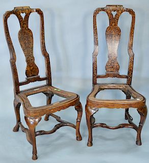 Pair of marquetry inlaid side chairs (no upholstery on seats). ht. 44 in., seat ht. 17 in.