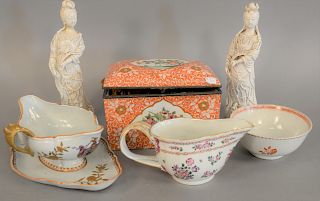 Group of Chinese porcelain to include Samson Chinese export box, creamer with painted shield, small chinese bowl, two white porcelain guanyins and a p
