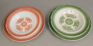 Two Spode Fitzhugh partial dinner sets, two colors green and iron rust. 39 pieces.