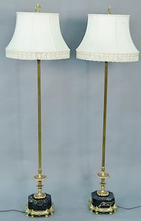 Pair brass floor lamps with marble bases. ht. 67 in.