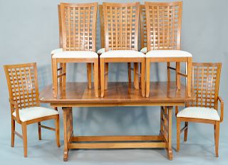 Nine piece cherry dining set with eight lattice back chairs and one 18" leaf for table. ht. 30 in., total lg. 90 in. top: 44" x 22".