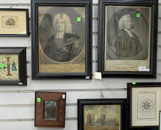 Seven framed pieces including pair of framed mezzotints portraits of Thomas Ashton and the Reverend Mr. John Nesbitt, four small engravings, and an in