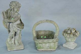 Three cement outdoor pieces including basket, puttie (ht. 27 in.), and compote of fruit.