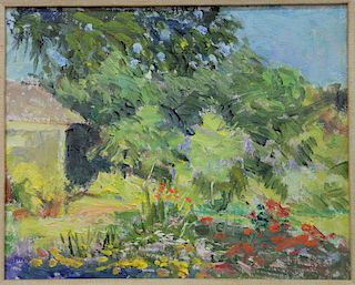 Two Roger Dennis (1902-1996) oil on boards, "Garden Shed, Roger's Home Niantic" spring Roger Dennis on verso, 8" x 10" and "Townwood Rd., Old Lyme May