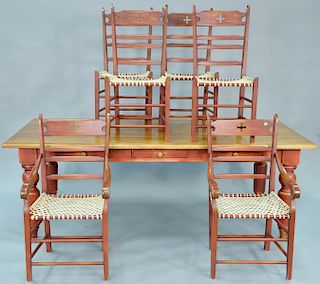 Contemporary farm style table and six chairs, each with woven hyde seats, table has hand planed top and three drawers on either side. ht. 30 in., top: