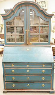 Oak, continental secretary desk in two parts, painted blue, 18th century. ht. 88 in., wd. 48 in.