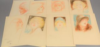 Charles Sheldon (1889-1960), group of eight colored pencil Illustration sketches, portrait bust of five Marion Davies, and three unknown, all unsigned