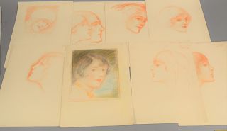 Charles Sheldon (1889-1960), group of eight colored pencil Illustration sketches, Mary Brian, Mary Pickford, Viola Diana?, Pola Megan?, portrait bust 
