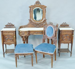 Five piece Louis XXI style walnut vanity and mirror with inset marble top with chair and bench. along with pair walnut marble top stands with one doo