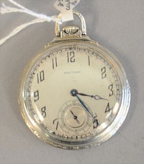 14K white gold Waltham Royal open face pocket watch, 45mm.