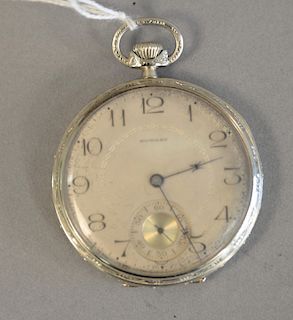 14K white gold Howard open face pocket watch, case and works signed E. Howard Watch co., Boston, 45.8mm.