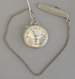 14K white gold Hamilton open face pocket watch along with 14K white gold watch chain, watch monogrammed: to Charles Giles Westminster Mass, 44.7mm.