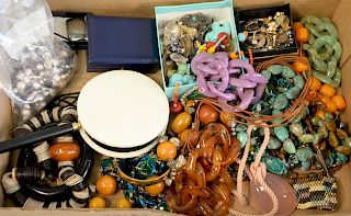 Box lot of costume jewelry, Bakelite, turquoise, and silver.