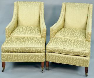 Pair of Duralee Fine furniture chairs and ottomans. ht. 39 in.