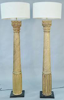 Pair of carved wood columns made into floor lamps. total ht. 78 in.