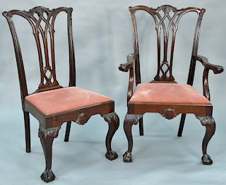 Set of eight Chippendale style mahogany dining chairs, six and two with one armchair.