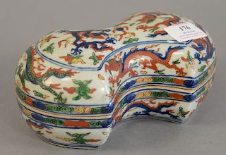 Chinese covered box with Wucia. ht. 3 1/2 in., lg. 8 in.