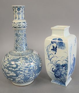 Two Chinese blue and white porcelain vases, ht. 15 in.; double gourd vase having phoenix bird and dragons; and a square vase with painted scholars and