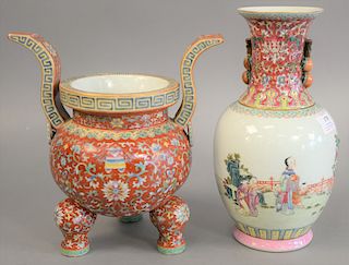 Two Chinese porcelain pieces to include Famille Rose vase with peach handles, ht 10 3/4 in. and a Famille Rose urn with blossoming wild flowers, ht. 1