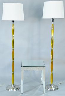 Pair of contemporary floor lamps along with mirrored square side table. ht. 22 in., ht. 73 in., top: 28" x 20"