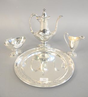 Four piece sterling silver tea set. teapot ht. 10 1/2 in., 42.2 total t oz.