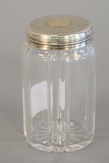 Crystal toilet jar, 19th century having silver top, center gold washed with monogram and imperial crown mark. ht. 3 3/4".