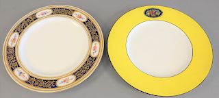 Two sets of plates, twelve royal worcester yellow ground plates circa 1916 puce crown mark along with eleven Burley porcelain blue ground plates with 