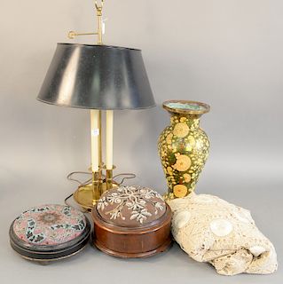 Brass and tole bouillotte style lamp, ht. 32 in.; papier mache vase; needlepoint tablecloth; and two footstools.