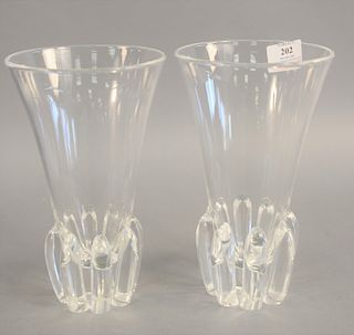 Pair of George Thompson for Steuben Lotus Flower vases, clear glass trumpet form with applied elements on base. ht. 10 in.