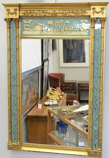 Federal style gilt mirror with three eglomise panels. 45" x 32"