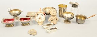 Group of assorted items to include Burmese yoke puppet head group of silver and silverplate, stone face fragment, torso of Indian Figure. tallest: 6 i