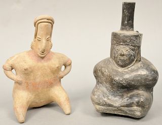 Two figural pots, pre columbian terracotta figure Jalisco, Mexico, seated figure, black handled figural pot with spout (as it). hts. 8 1/2 in., 7 3/4 