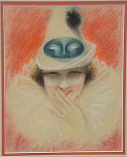 Charles Sheldon (1889-1960), mixed media Illustration Glamour portrait of girl with mask, unsigned, sight size 10 1/2" x 8 1/2".