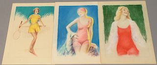 Charles Sheldon (1889-1960), set of three Illustration Glamour portraits, two swimsuits and one tennis, unsigned. 13 3/4" x 10 1/4".