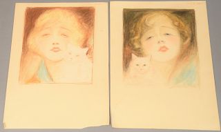 Charles Sheldon (1889-1960), pastel mixed media on paper, pair of Illustration Glamour portraits, both girl with cat, unsigned. 16" x 12".