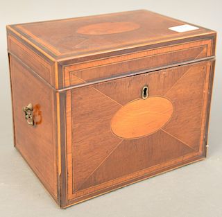Mahogany inlaid cellaret, having inlaid case opening to five divided spaces, missing decanters and bottles. ht. 8 1/4 in., wd. 10 in.