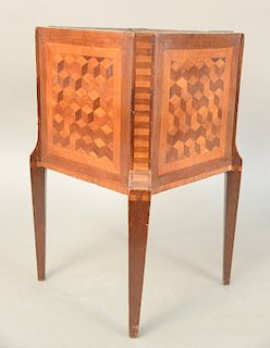 Louis XVI parquetry inlaid jardiniere on legs with copper inserts. ht. 17 in., top: 10" x 10".