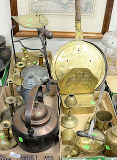 Assorted primitive group to include brass trivet, six brass candlesticks, brass bed warmer, ladle.