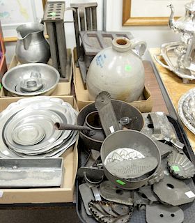 Four tray lots of assorted primitive group to include tin candle moulds, cookie molds, pewter plates, pitcher, bowl, crock, etc.