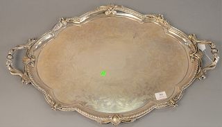 Large silver plated tray having dolphin handles, marked Sheffield, James dixon and sons, inscribed Julea Valentine. 21" x 31".