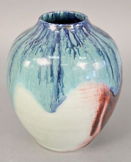 Chilmark pottery vase, red, white and blue glaze. ht. 8 1/2 in.