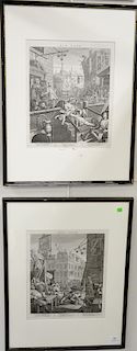 Pair of William Hogarth engravings "Gin Lane" and "Beer Street", 16" x 13 1/4".