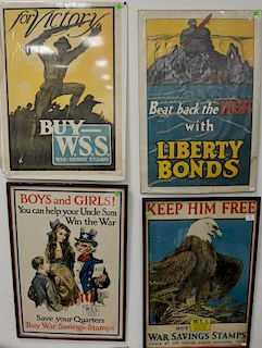 Four World War I posters to include Keep him Free Buy War Savings Stamps, Boys and Girls Uncle Sam, For Victory Buy WSS, Beat Back the Hun wife Libert