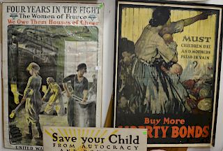 Six large World War I posters to include YMCA, Must Children Die and Mother Plead, In Vain Victory Liberty Loan, Four Years in the Fight the Woman of 
