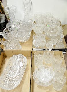 Large group of cut glass to include corning American Brilliant cut glass dish, cut glass cups, pitchers, vases, decanters, etc.
