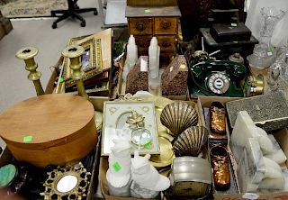 Six tray lots of assorted brass, marble wood items, picture frames, candle sticks, bookends, iron stove, beaded pieces, etc.